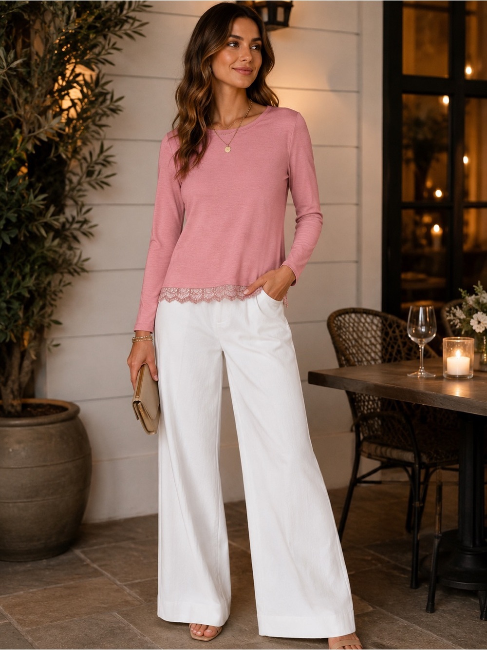 Lauren Conrad Dusty Rose Lace-Hem Long Sleeve Top - S